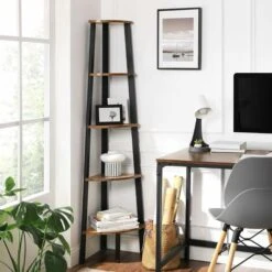 VASAGLE Corner Shelf, 5-Tier Industrial Ladder Bookcase, Storage Rack, With Metal Frame, For Living Room, Home, Office, Rustic Brown By SONGMICS LLS35X -Living Room Furniture Store 24122601 3