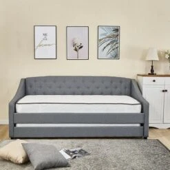 KOSY KOALA Linen Fabric Daybed Grey Sofa Bed With Underbed Trundle Living Room Bedroom Furniture Guest Day Bed Sofabed
