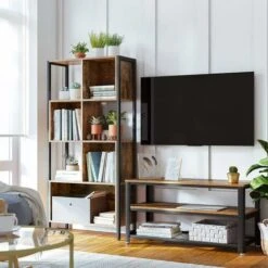 VASAGLE Bookshelf, Bookcase, Cube Storage Rack With Steel Frame, For Trinkets, Decors, Framed Pictures, Living Room, Home Office, Industrial Style, Rustic Brown And Black By SONGMICS LBC027B01 -Living Room Furniture Store 26118682 3