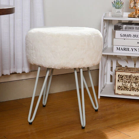 Livingandhome 35CM Round Fluffy Velvet Dressing Table Stool Wire Legs, White 3 Livingandhome 35CM Round Fluffy Velvet Dressing Table Stool Wire Legs, White