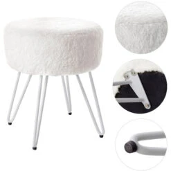 Livingandhome 35CM Round Fluffy Velvet Dressing Table Stool Wire Legs, White 9 Livingandhome 35CM Round Fluffy Velvet Dressing Table Stool Wire Legs, White -Living Room Furniture Store 26314147 3