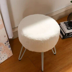 Livingandhome 35CM Round Fluffy Velvet Dressing Table Stool Wire Legs, White 10 Livingandhome 35CM Round Fluffy Velvet Dressing Table Stool Wire Legs, White -Living Room Furniture Store 26314147 4