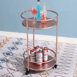 Livingandhome 2 Tier Round Metal Rolling Trolley Cart, Rose Gold -Living Room Furniture Store 26314207 2