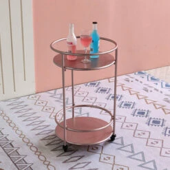 Livingandhome 2 Tier Round Metal Rolling Trolley Cart, Rose Gold -Living Room Furniture Store 26314207 3
