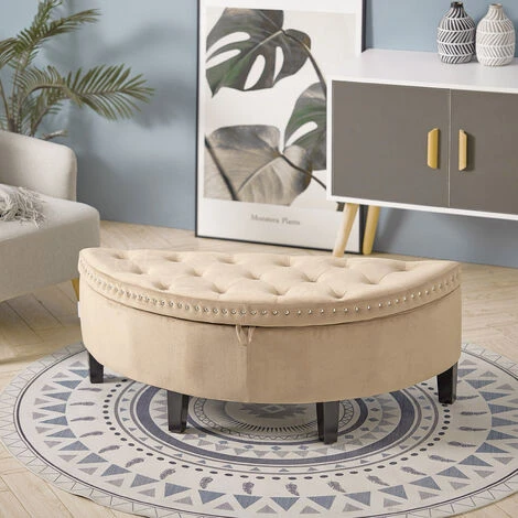 Livingandhome Semicircle Velvet Buttoned Storage Footstool With Wood Legs, Beige 3 Livingandhome Semicircle Velvet Buttoned Storage Footstool With Wood Legs, Beige