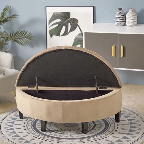 Livingandhome Semicircle Velvet Buttoned Storage Footstool With Wood Legs, Beige 4 Livingandhome Semicircle Velvet Buttoned Storage Footstool With Wood Legs, Beige - Image 2