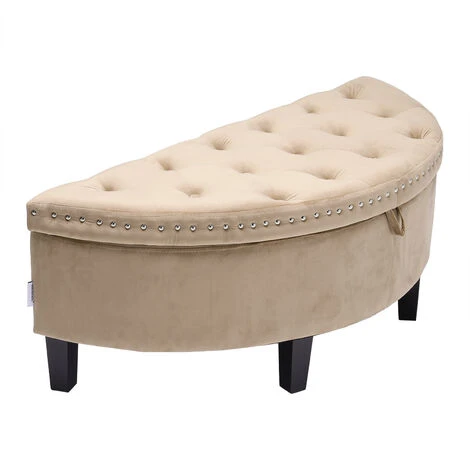 Livingandhome Semicircle Velvet Buttoned Storage Footstool With Wood Legs, Beige 5 Livingandhome Semicircle Velvet Buttoned Storage Footstool With Wood Legs, Beige - Image 3