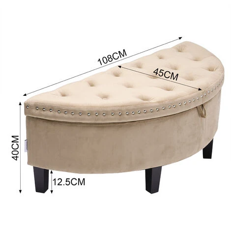 Livingandhome Semicircle Velvet Buttoned Storage Footstool With Wood Legs, Beige 6 Livingandhome Semicircle Velvet Buttoned Storage Footstool With Wood Legs, Beige - Image 4