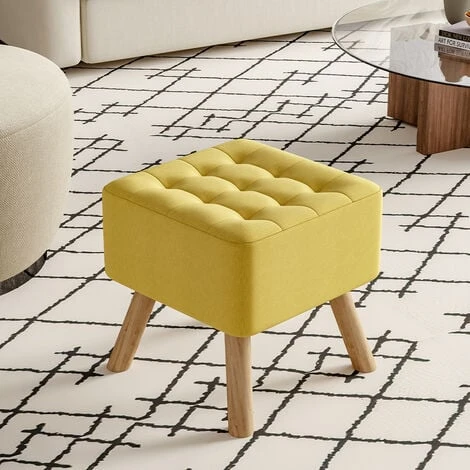 Livingandhome Square Modern Linen Upholstered Footstool Wooden Legs, Yellow 3 Livingandhome Square Modern Linen Upholstered Footstool Wooden Legs, Yellow