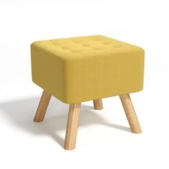 Livingandhome Square Modern Linen Upholstered Footstool Wooden Legs, Yellow 10 Livingandhome Square Modern Linen Upholstered Footstool Wooden Legs, Yellow -Living Room Furniture Store 27244782 4