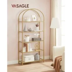 VASAGLE 5-Tier Storage Shelf, Tempered Glass, Bookcase With Arch Design, Robust Steel Structure, For Living Room Bedroom Studio, Gold Colour By SONGMICS LGT050A01