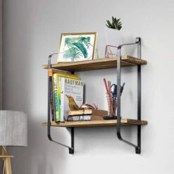 Livingandhome 2 Tier Wall Mounted Metal Frame Wood Storage Shelf -Living Room Furniture Store 27451113 3