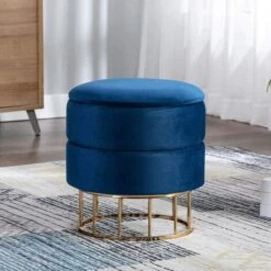 HEIDI VELVET STORAGE POUFFE FOOTREST OTTOMAN VANITY DRESSING SEAT STOOL BLUE