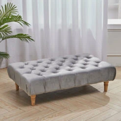 Livingandhome Velvet Buttoned Footstool With Wood Legs, Grey