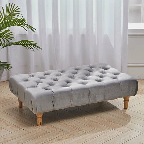 Livingandhome Velvet Buttoned Footstool With Wood Legs, Grey 3 Livingandhome Velvet Buttoned Footstool With Wood Legs, Grey