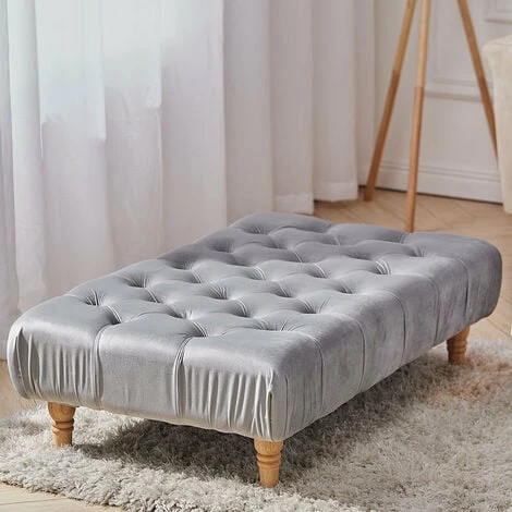 Livingandhome Velvet Buttoned Footstool With Wood Legs, Grey 5 Livingandhome Velvet Buttoned Footstool With Wood Legs, Grey - Image 3