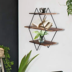 3 Tiers Diamond Floating Shelf Wall Mounted Storage Shelving Vintage Wooden Rack