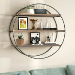 3 Layer Floating Wall Shelves Wood Geometric Decor Shelf Iron Frame Fit Bathroom
