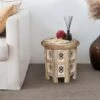 Beautiful Round Carved Wooden Coffee Table Side End Table [Beige, Small 12"x12"x12"] -Living Room Furniture Store 29782869 1