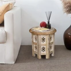 Beautiful Round Carved Wooden Coffee Table Side End Table [Beige, Small 12"x12"x12"]