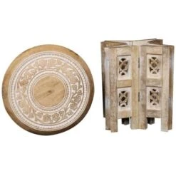Beautiful Round Carved Wooden Coffee Table Side End Table [Beige, Small 12"x12"x12"] -Living Room Furniture Store 29782869 3