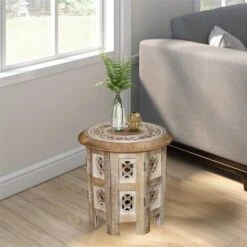 Beautiful Round Carved Wooden Coffee Table Side End Table [Beige, Small 12"x12"x12"] -Living Room Furniture Store 29782869 4