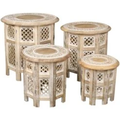 Beautiful Round Carved Wooden Coffee Table Side End Table [Beige, Small 12"x12"x12"] -Living Room Furniture Store 29782869 5