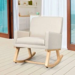 COSTWAY Relax Rocking Chair, Fabric Upholstered Single Sofa Armchair With Solid Wood Legs, Modern Padded Leisure Rocker Chairs For Home Living Room Bedroom (Beige)