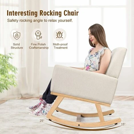 COSTWAY Relax Rocking Chair, Fabric Upholstered Single Sofa Armchair With Solid Wood Legs, Modern Padded Leisure Rocker Chairs For Home Living Room Bedroom (Beige) 4 COSTWAY Relax Rocking Chair, Fabric Upholstered Single Sofa Armchair With Solid Wood Legs, Modern Padded Leisure Rocker Chairs For Home Living Room Bedroom (Beige) - Image 2