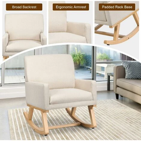 COSTWAY Relax Rocking Chair, Fabric Upholstered Single Sofa Armchair With Solid Wood Legs, Modern Padded Leisure Rocker Chairs For Home Living Room Bedroom (Beige) 7 COSTWAY Relax Rocking Chair, Fabric Upholstered Single Sofa Armchair With Solid Wood Legs, Modern Padded Leisure Rocker Chairs For Home Living Room Bedroom (Beige) - Image 5