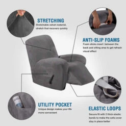 Washable Stretch Recliner Chair Covers Velvet Plush Fabric Couch Cover Grey -Living Room Furniture Store 32586259 4