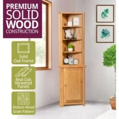 Hallowood Furniture Waverly Oak Corner Storage Cabinet Top In Light Oak Finish – Wooden Corner Display Cupboard With 3 Adjustable Shelves For Bedroom & Hallway– Display Unit For Kitchen & Living Room -Living Room Furniture Store 32998752 4