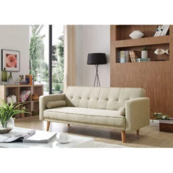 ELEGANT Cream Sofa Bed 3 Seater Adjustable 3 Inclining Positions Back Padded Sofabed Suite With 2 Cushions For Living Room