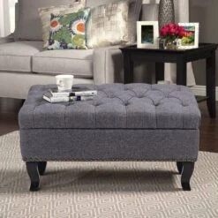 Livingandhome Linen Upholstered Chesterfield Buttoned Footstool, Grey -Living Room Furniture Store 36224595 3