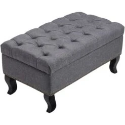Livingandhome Linen Upholstered Chesterfield Buttoned Footstool, Grey -Living Room Furniture Store 36224595 4