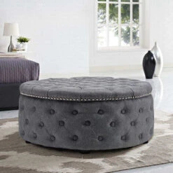 Livingandhome Linen Round Chesterfield Buttoned Footstool Studded Edge, Dark Grey
