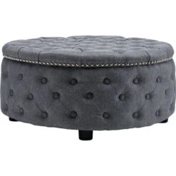 Livingandhome Linen Round Chesterfield Buttoned Footstool Studded Edge, Dark Grey -Living Room Furniture Store 36531837 4
