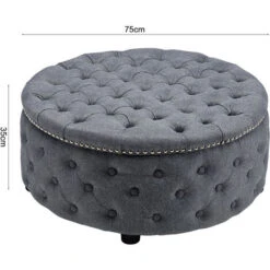 Livingandhome Linen Round Chesterfield Buttoned Footstool Studded Edge, Dark Grey -Living Room Furniture Store 36531837 5