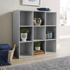 Grey Storage Cube 9 Shelf Bookcase Wooden Display Unit Organiser Furniture