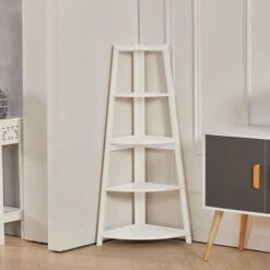 Livingandhome White 5 Tier Ladder Shaped Corner Shelf Rack Bookcase