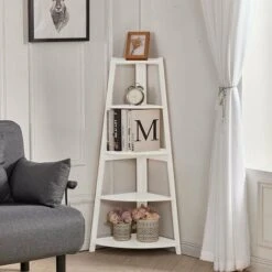 Livingandhome White 5 Tier Ladder Shaped Corner Shelf Rack Bookcase -Living Room Furniture Store 37158983 3