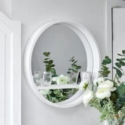 WHITE White Round Mirror With Shelf