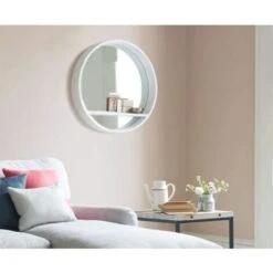 WHITE White Round Mirror With Shelf -Living Room Furniture Store 37394328 4