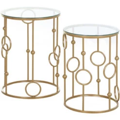 HOMCOM Set Of 2 Gold Nesting Coffee Table, Side Tables W/ Tempered Glass Top