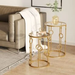 HOMCOM Set Of 2 Gold Nesting Coffee Table, Side Tables W/ Tempered Glass Top -Living Room Furniture Store 37476618 4