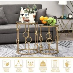 HOMCOM Set Of 2 Gold Nesting Coffee Table, Side Tables W/ Tempered Glass Top -Living Room Furniture Store 37476618 5