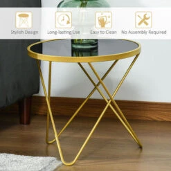 HOMCOM Tempered Glass Coffee Table Art Deco Side End Table W/ Hairpin Metal Legs 43L X 43W X 40H Cm -Living Room Furniture Store 37770630 5