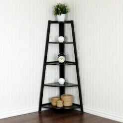 5 Tier Corner Shelf Stand Wood Bookcase Display Storage Home Furniture Black