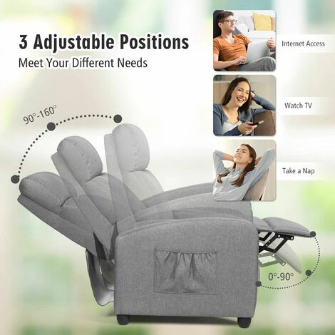 COSTWAY Recliner Armchair With Reclining Function And Adjustable Leg Rest, Upholstered Padded Single Sofa Seat, Home Office Living Room Lounge Chairs For Reading Resting Sleeping (Grey) 5 COSTWAY Recliner Armchair With Reclining Function And Adjustable Leg Rest, Upholstered Padded Single Sofa Seat, Home Office Living Room Lounge Chairs For Reading Resting Sleeping (Grey) - Image 3