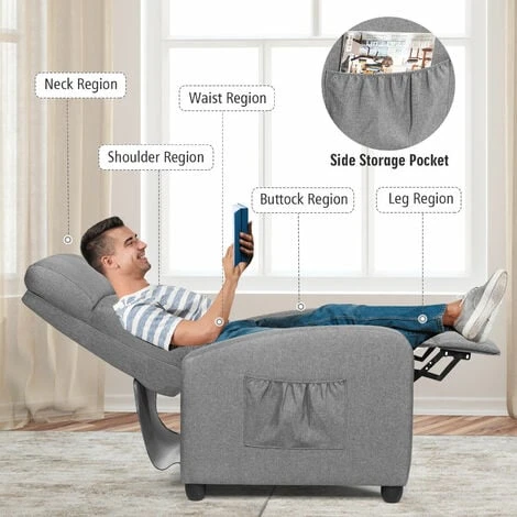 COSTWAY Recliner Armchair With Reclining Function And Adjustable Leg Rest, Upholstered Padded Single Sofa Seat, Home Office Living Room Lounge Chairs For Reading Resting Sleeping (Grey) 6 COSTWAY Recliner Armchair With Reclining Function And Adjustable Leg Rest, Upholstered Padded Single Sofa Seat, Home Office Living Room Lounge Chairs For Reading Resting Sleeping (Grey) - Image 4